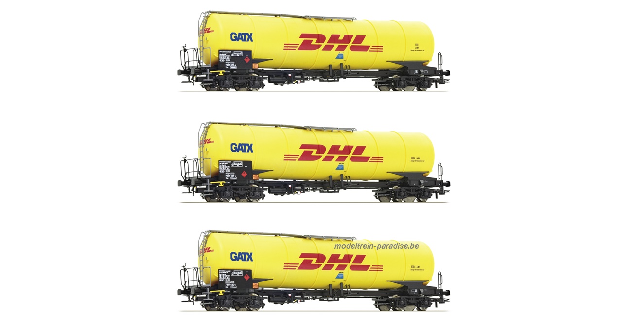 76029 ... GATX ... 3 st. 4 assige ketelwagens "DHL" ... tp VI